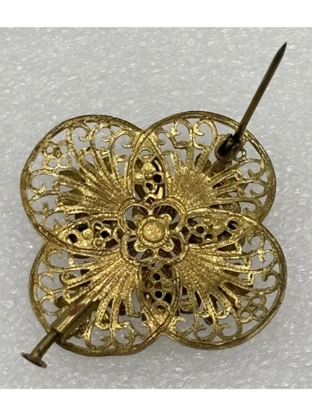 Vintage Czech Filigree Brooch Gold Tone Teardrop Pink Rhinestones Trombone Clasp